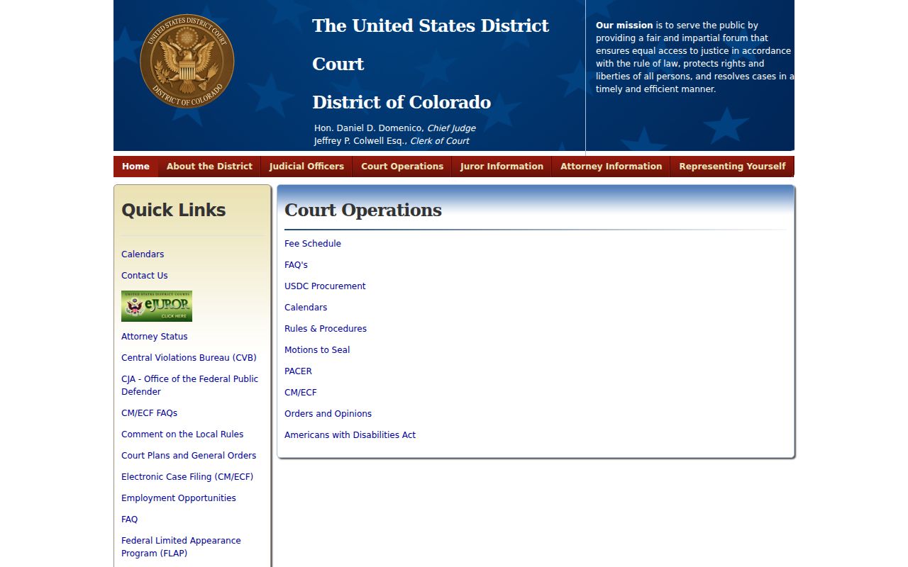 U.S. District Court for the District of Colorado court operations page