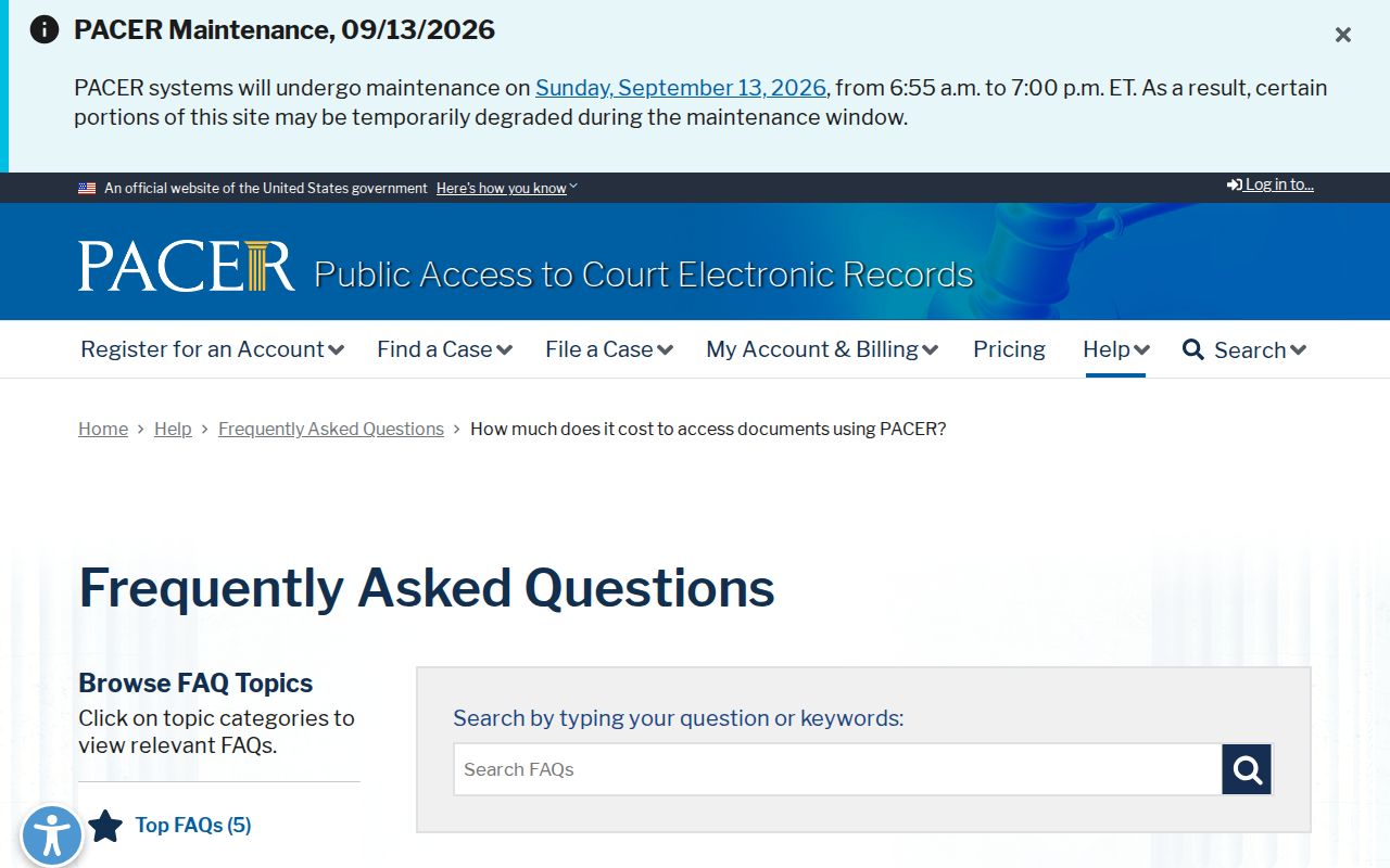 Official PACER federal court document fee information